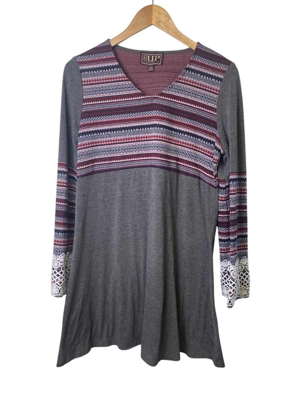 Cowgirl Up Gray Burgundy Striped Bodice Western Sweater Mini Dress Size Medium